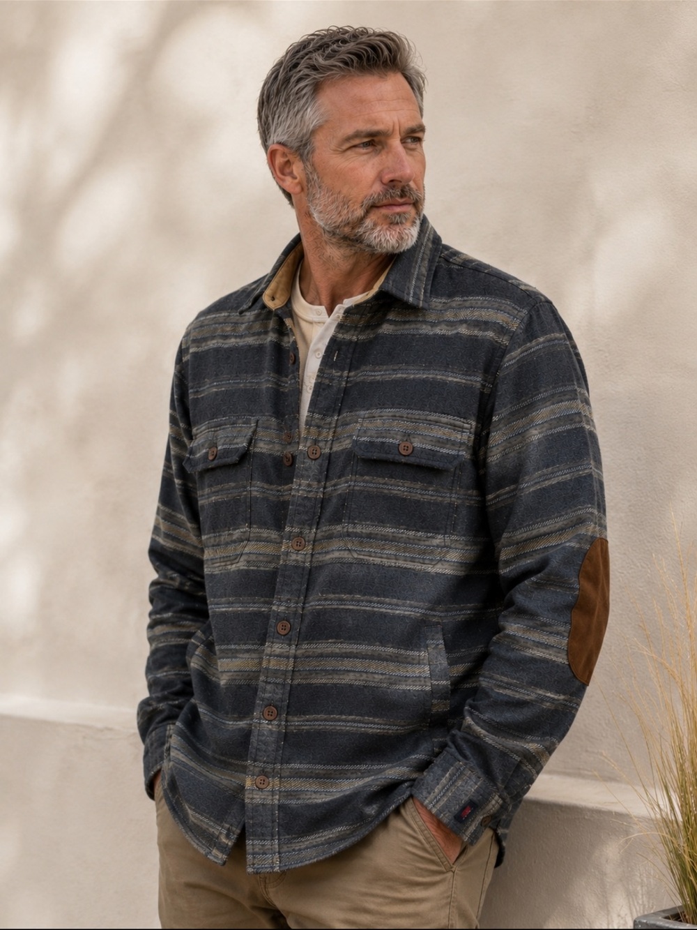 Faherty Wool Blend Flannel Shirt Jacket Gray Stripe Elbow Patch Shacket Medium